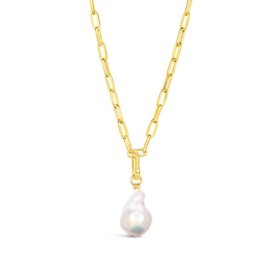 White baroque pearl on gold paperclip chain by Lily Blanche 