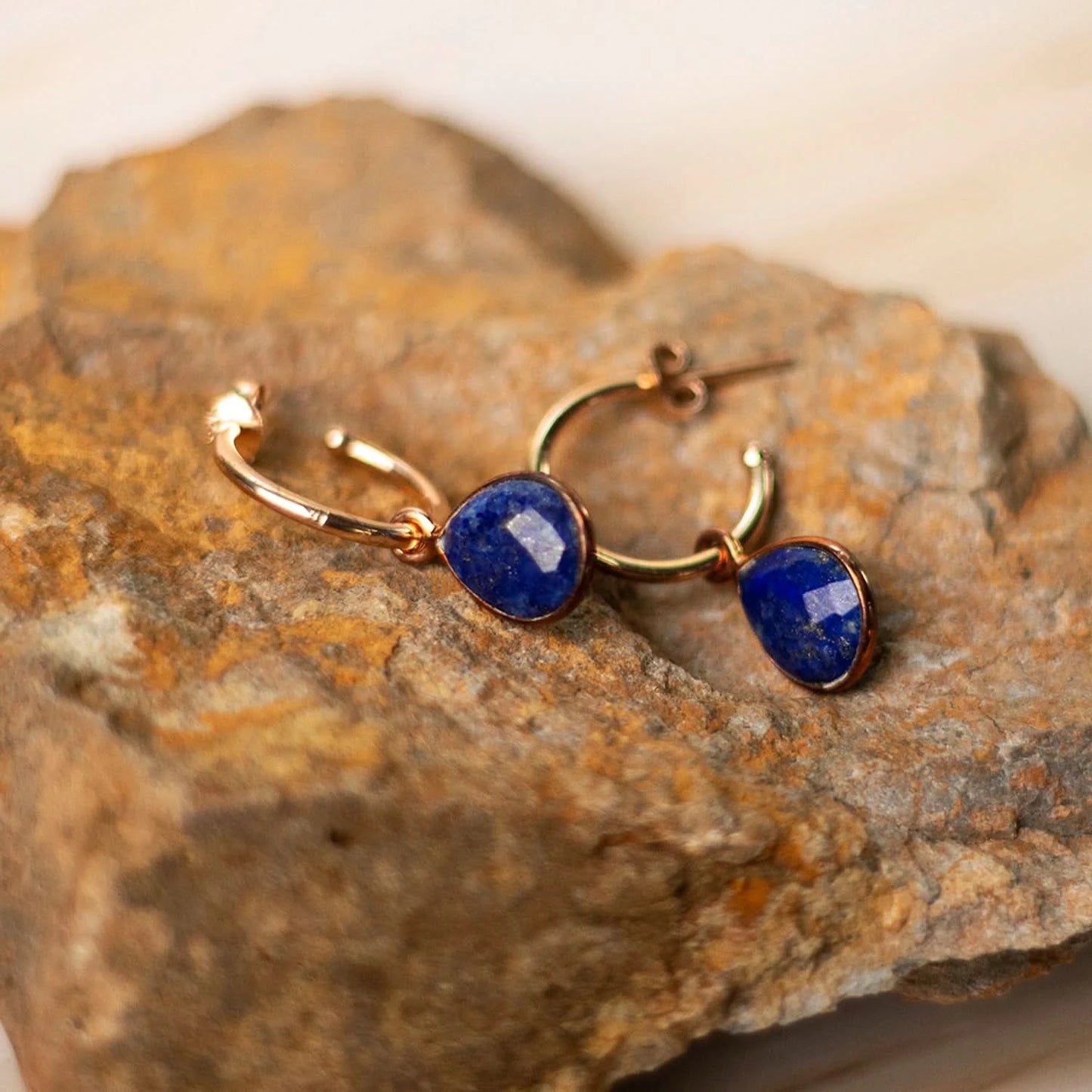 lapis lazuli rose gold drop hoop earrings