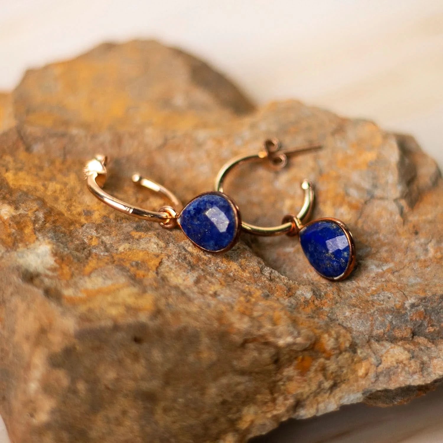 lapis lazuli rose gold drop hoop earrings