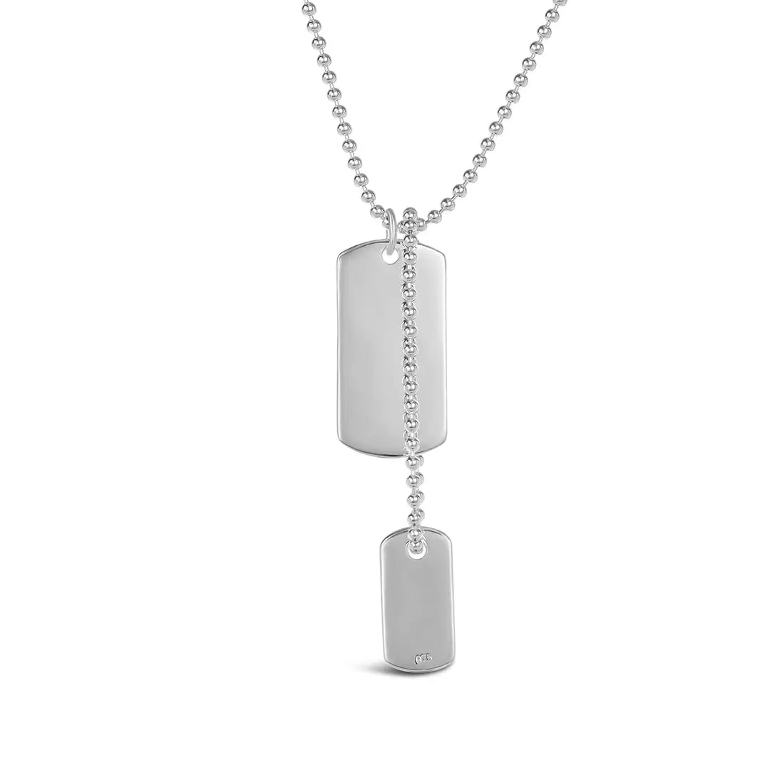 Sterling silver double dog tag necklace for men with two engravable pendants on a popcorn chain