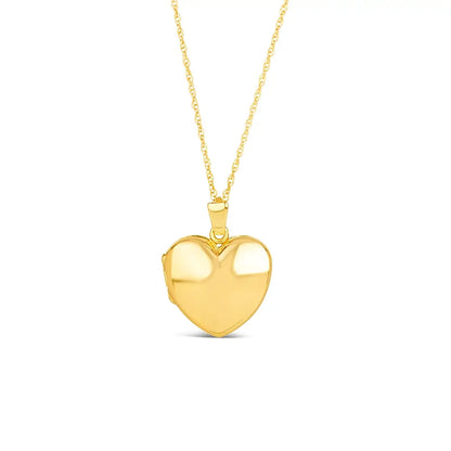 Plain polished solid 9ct gold heart photo locket on a fine gold chain