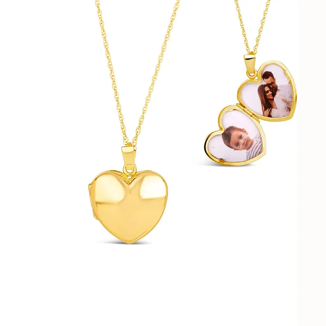 Solid 9ct gold heart locket necklace shown closed and open with two personalised photos