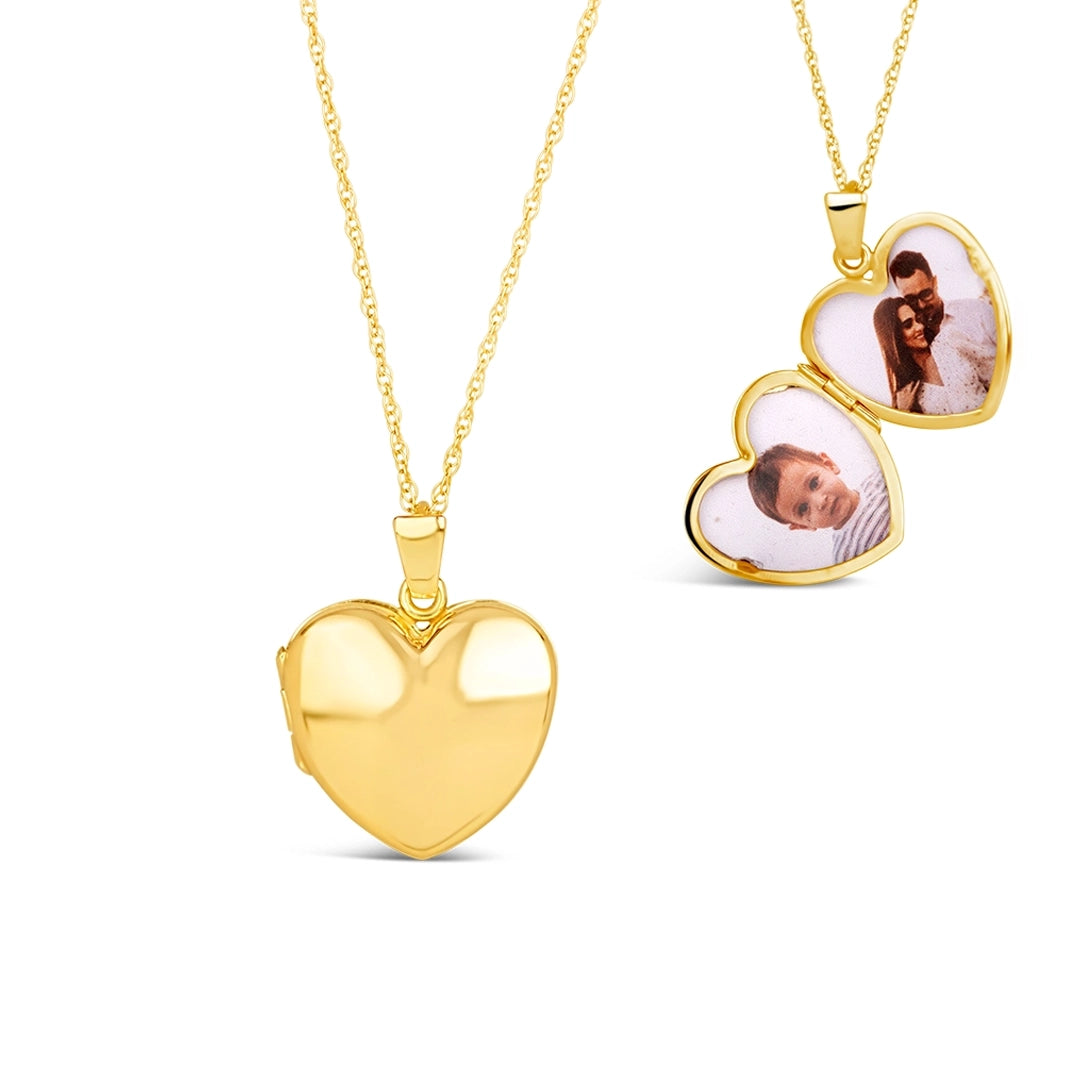 Solid 9ct gold heart locket necklace shown closed and open with two personalised photos