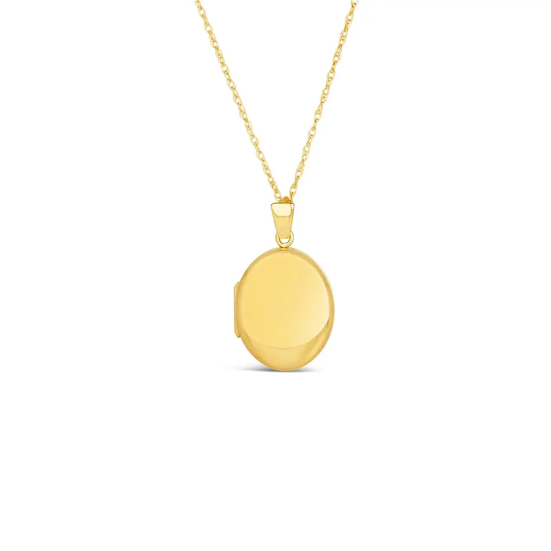 Solid 9ct gold oval photo locket with polished front on a fine gold chain
