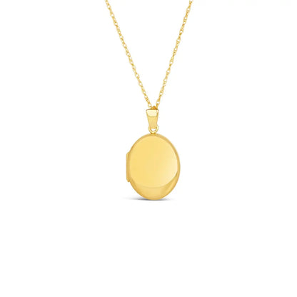 Solid 9ct gold oval photo locket with polished front on a fine gold chain