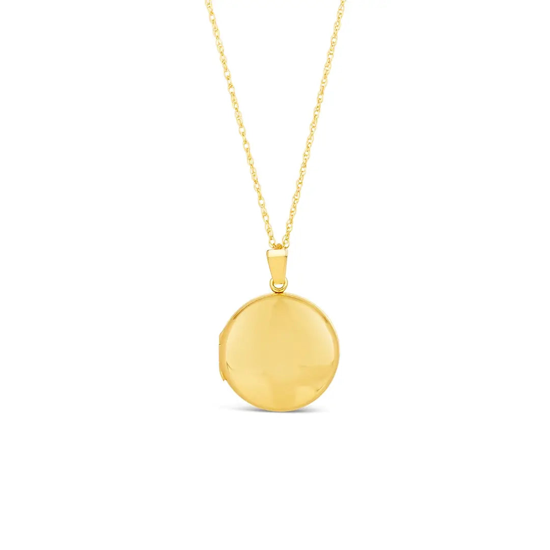 Solid 9ct gold round locket necklace with a polished front on a fine gold chain