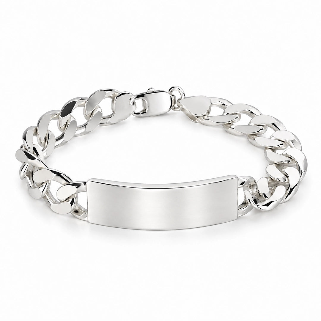 Large sterling silver ID bracelet with polished curb chain by Lily Blanche