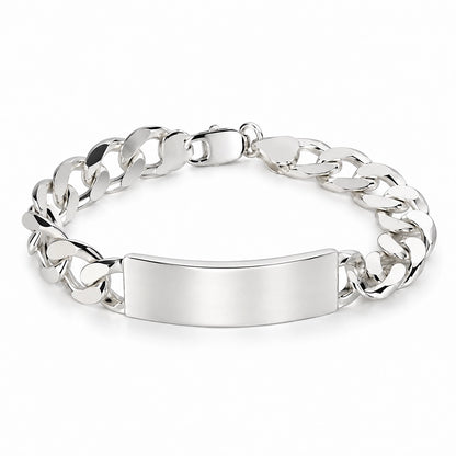 Large sterling silver ID bracelet with polished curb chain by Lily Blanche