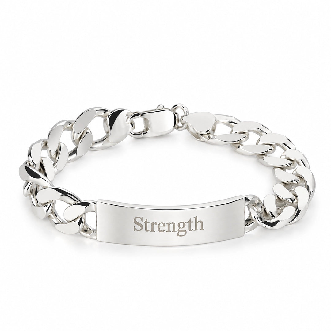 Large sterling silver ID bracelet engraved with Strength by Lily Blanche