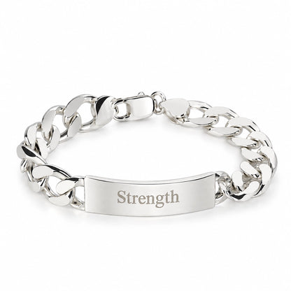 Large sterling silver ID bracelet engraved with Strength by Lily Blanche