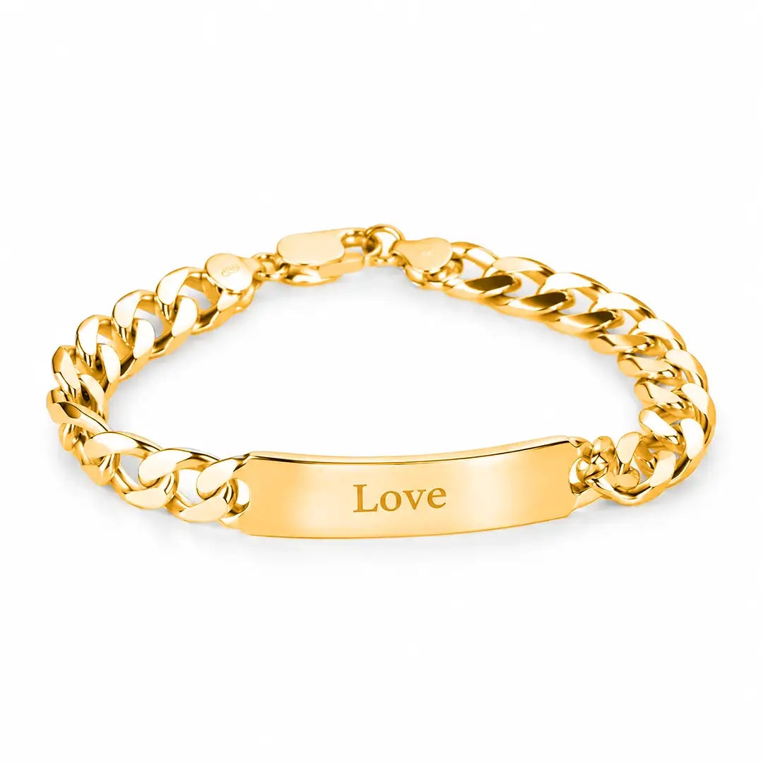 Men’s solid 9ct gold ID bracelet with Love engraving, polished gold links and lobster clasp