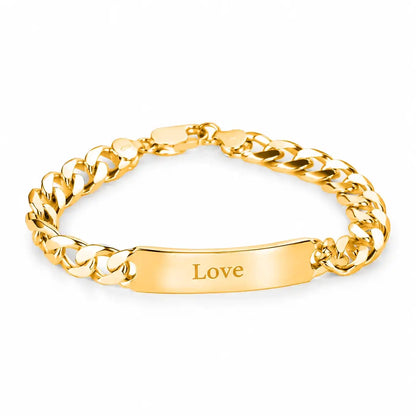 Men’s solid 9ct gold ID bracelet with Love engraving, polished gold links and lobster clasp