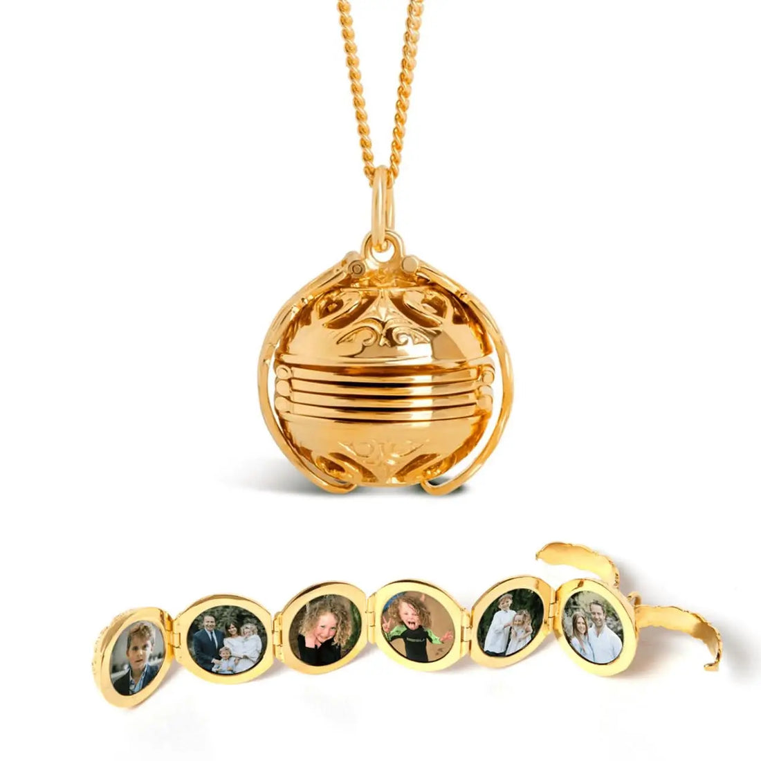 A gold photo locket with six panels for inserting photographs, displayed alongside a gold chain.