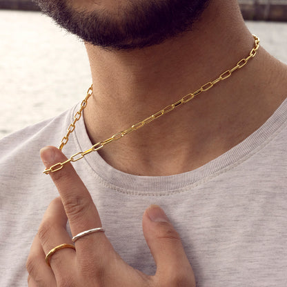 male model wearing paperclip gold chain necklace
