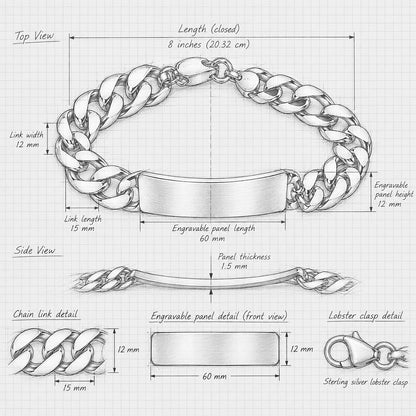 Hand-drawn technical sketch of the Lily Blanche Men's Engraved Sterling Silver Bracelet in Large, featuring a chunky curb chain, 60mm engravable ID panel and lobster clasp, with detailed dimensions and an 8-inch length.