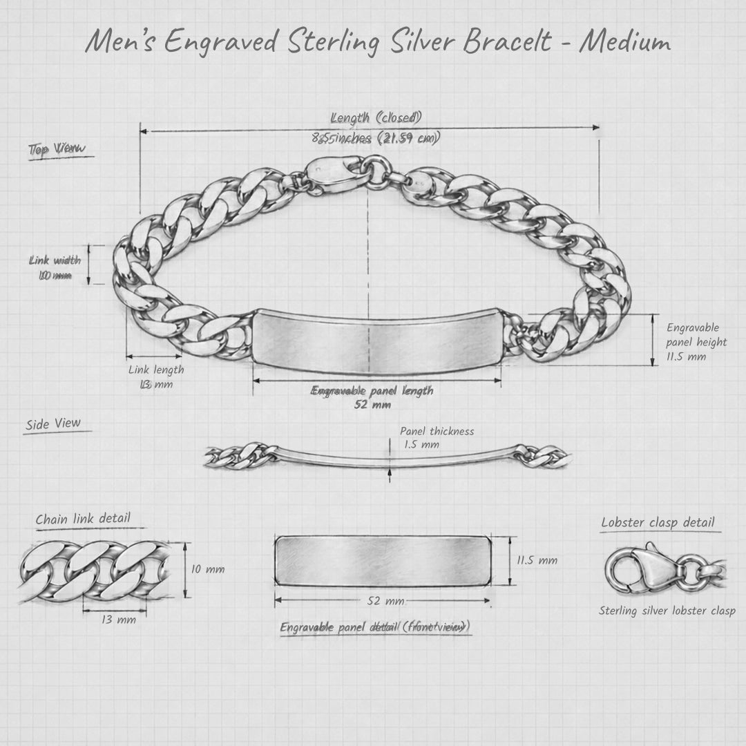Hand-drawn technical sketch of the Lily Blanche Men's Engraved Sterling Silver Bracelet in Medium, featuring a chunky curb chain, engravable ID panel and lobster clasp, with detailed measurements on graph paper.