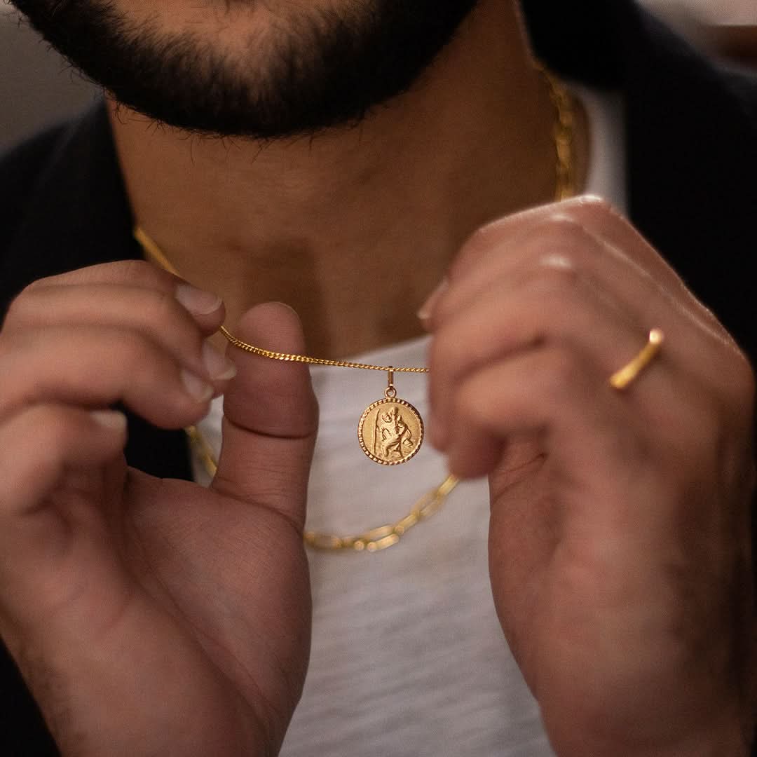 Men's St Christopher Necklace Solid Gold + Engraving