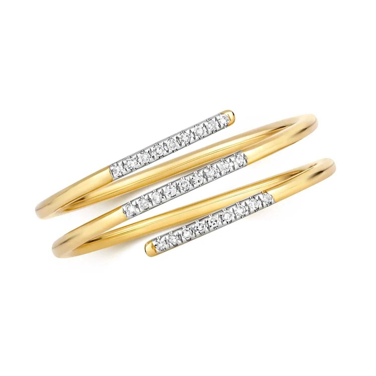 multi diamond spiral gold band ring on white background