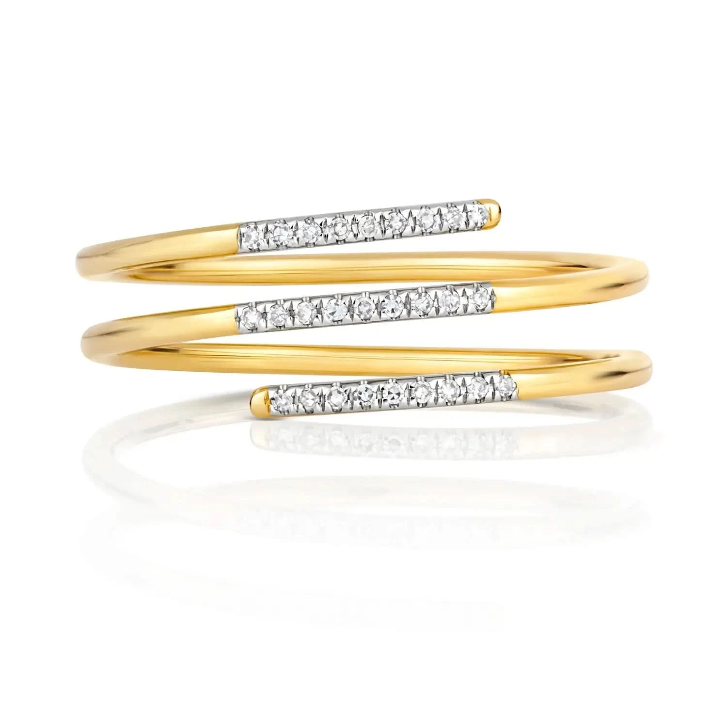 multi diamond spiral solid gold band ring on white background