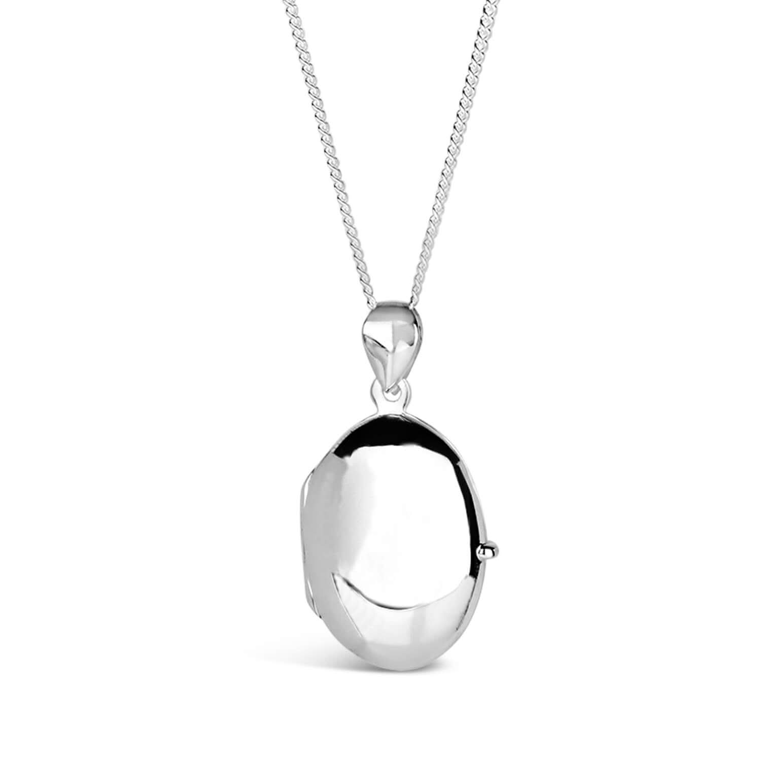 Silver oval Necklace for ashes, memorial necklace, locket with one photo and ashes storage, silver curb chain, engraving, white background