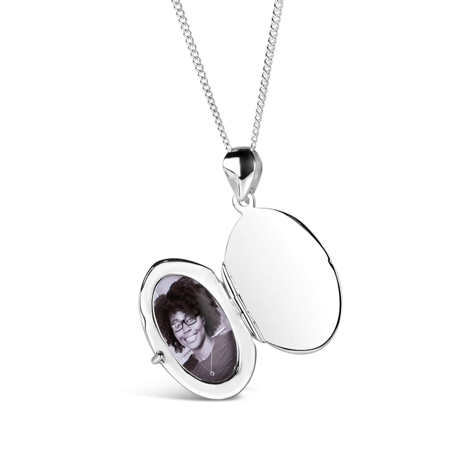 Silver oval Necklace for ashes, memorial necklace, locket with one photo and ashes storage, silver curb chain, engraving, white background