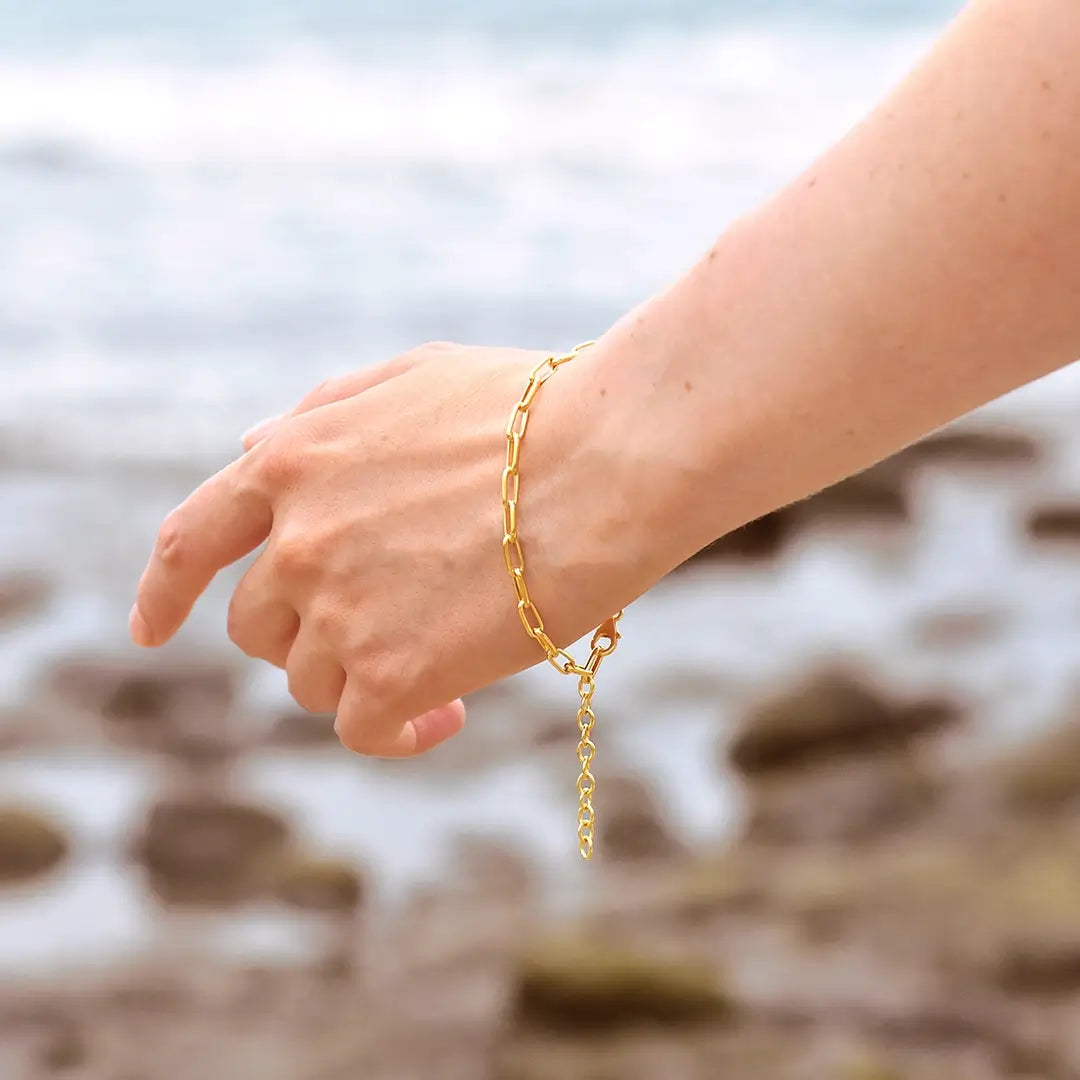 A delicate gold paperclip chain bracelet with an extender rests on a fair-skinned wrist, extending toward the bottom right. The hand is posed lightly over a blurred background of a rocky shoreline and calm ocean water. The lighting is bright and airy.