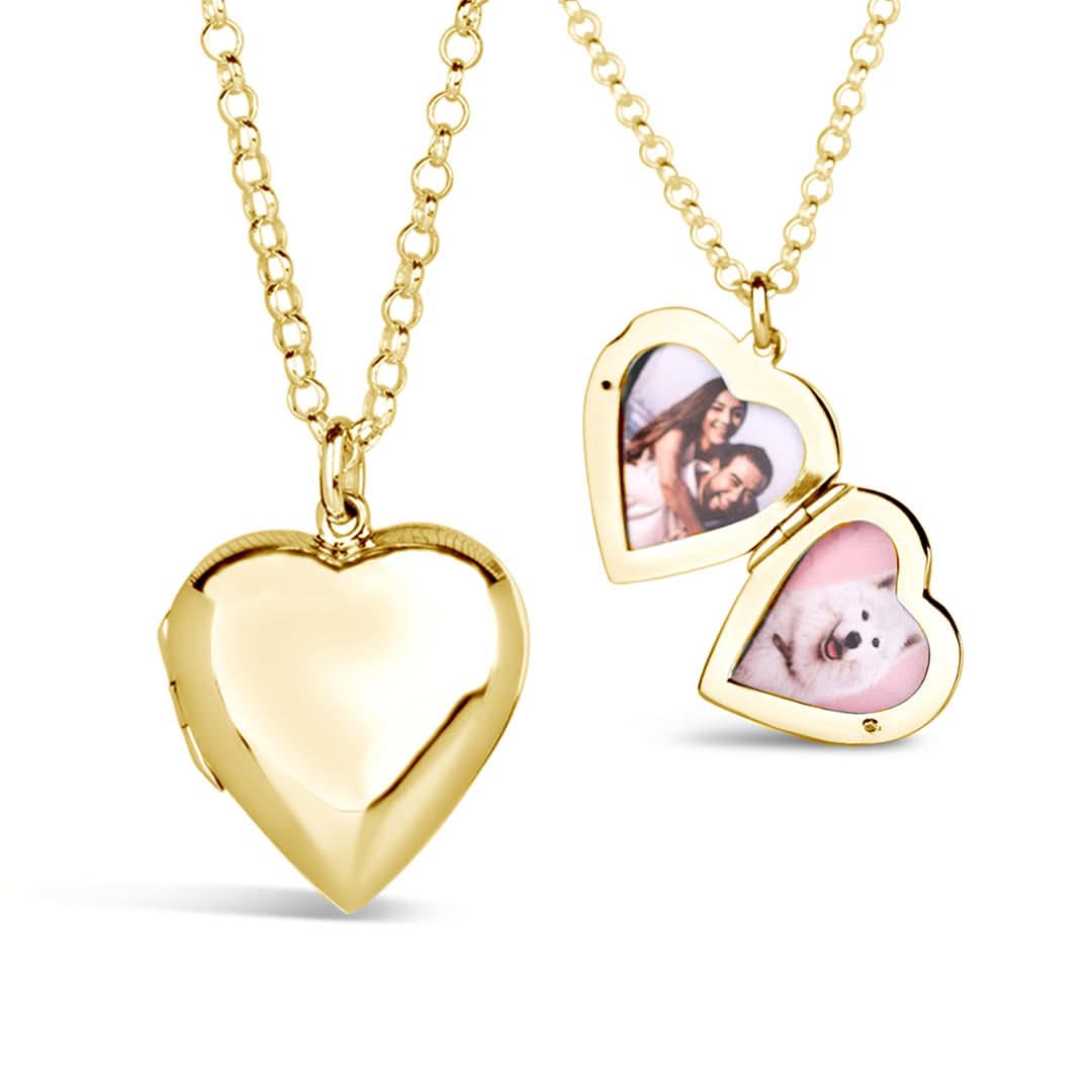 Personalised gold heart locket necklace shown open with two photos and closed on a belcher chain against a white background