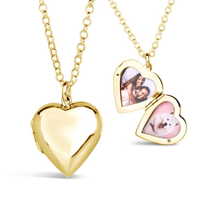 Personalised gold heart locket necklace shown open with two photos and closed on a belcher chain against a white background