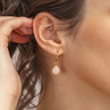 Pink Opal Drop Hoop Earrings | Gold - October