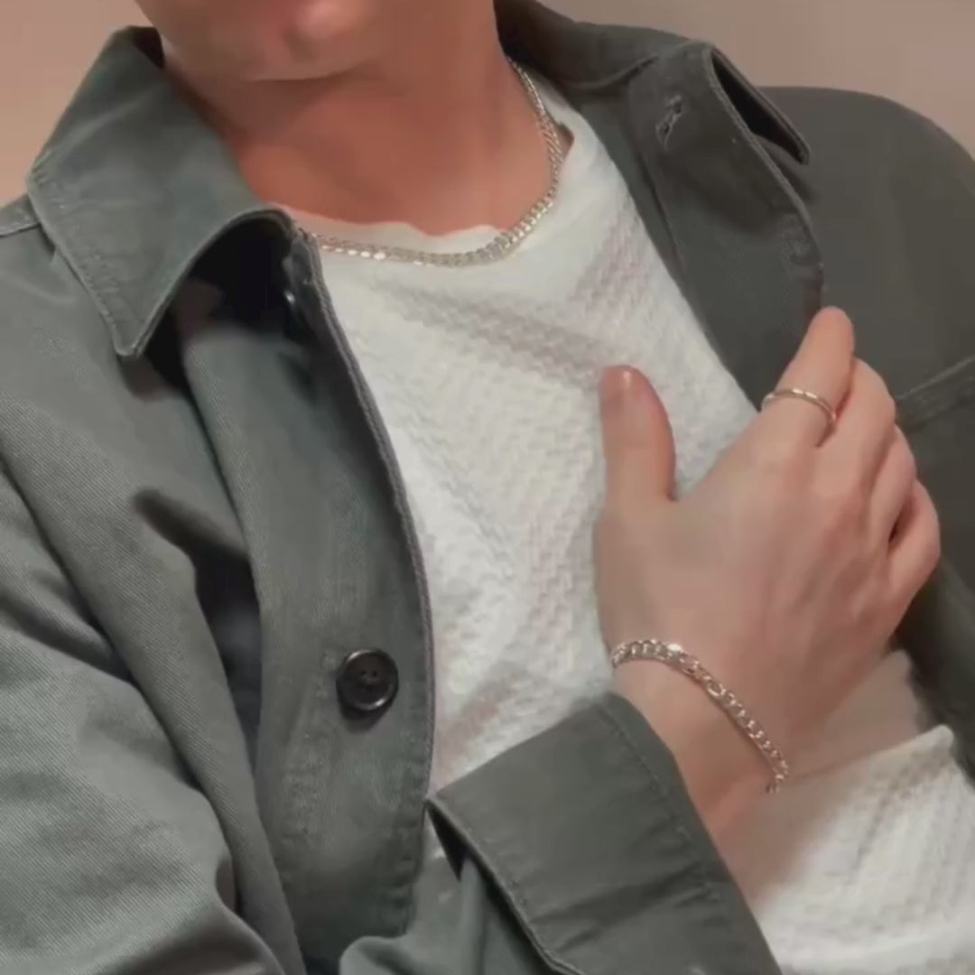 man wearing silver cuban chain bracelet and necklace. They are also wearing a white textured t shirt and a grey overshirt