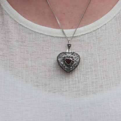 Garnet Vintage Heart Locket | Silver