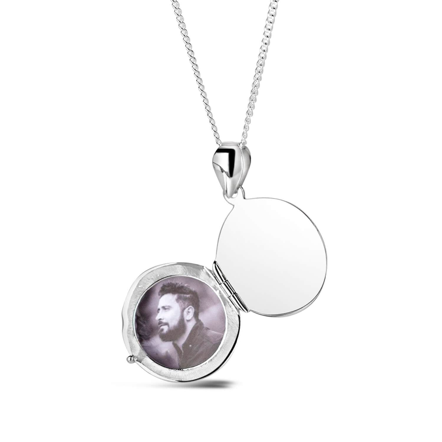 Silver round Necklace for ashes, memorial necklace, locket with one photo and ashes storage, silver curb chain, engraving, photo, white background