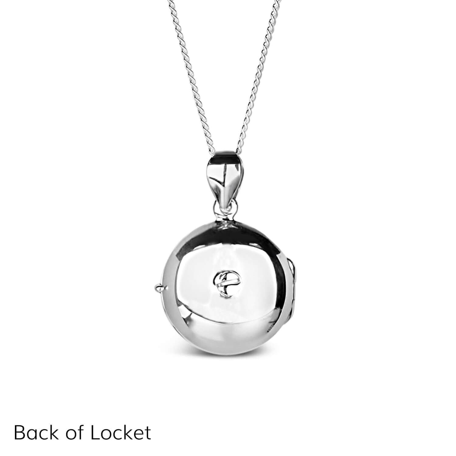 Silver round Necklace for ashes, memorial necklace, locket with one photo and ashes storage, silver curb chain, engraving, back view of locket, screw for ashes compartment
