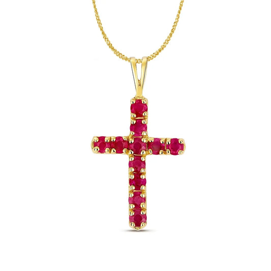 ruby cross gold necklace with chain white background