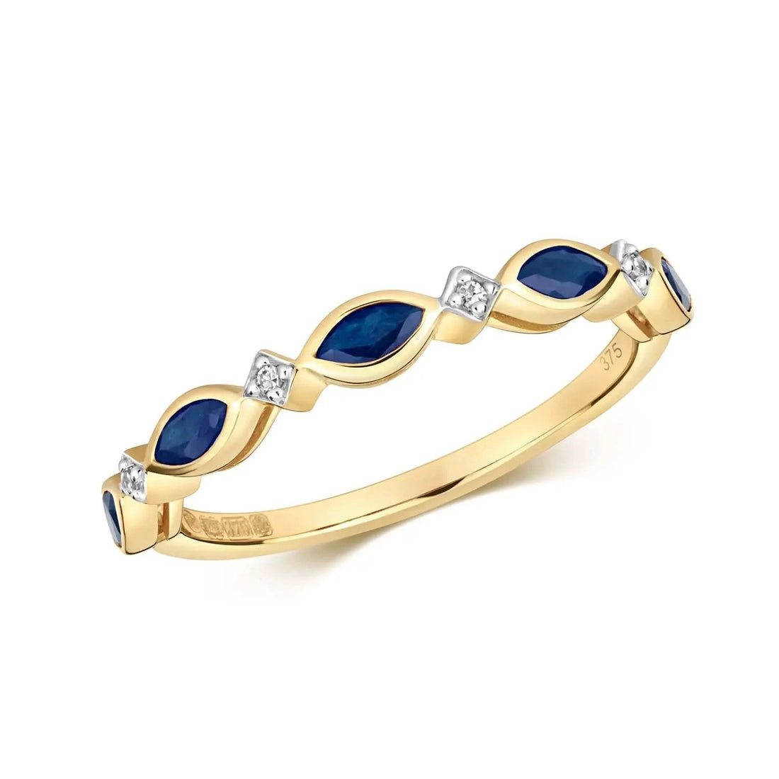 sapphire and diamond gold ring on white background