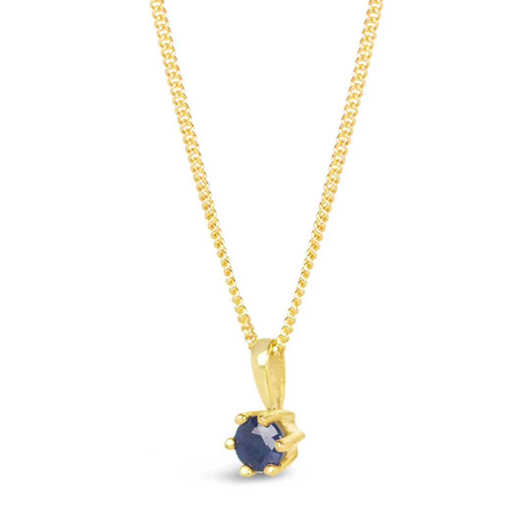 sapphire solataire necklace 5 mm in 9 carat gold setting and chain by Lily Blanche