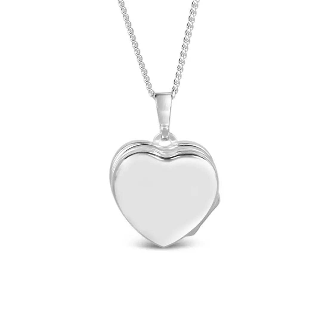 Sterling silver heart locket necklace with a polished finish, displayed closed on a delicate silver chain against a clean white background.