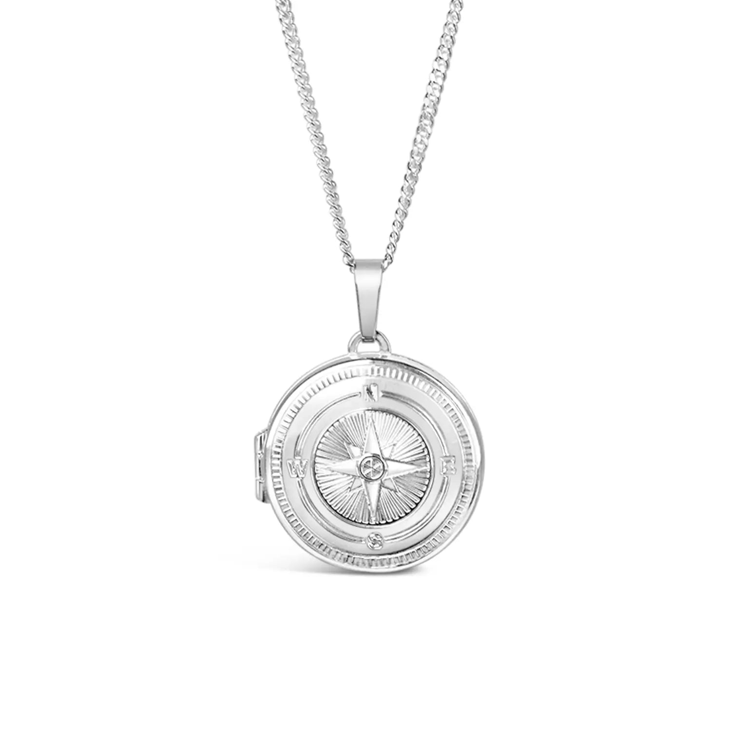 Silver compass locket necklace on a white background on a silver curb chain