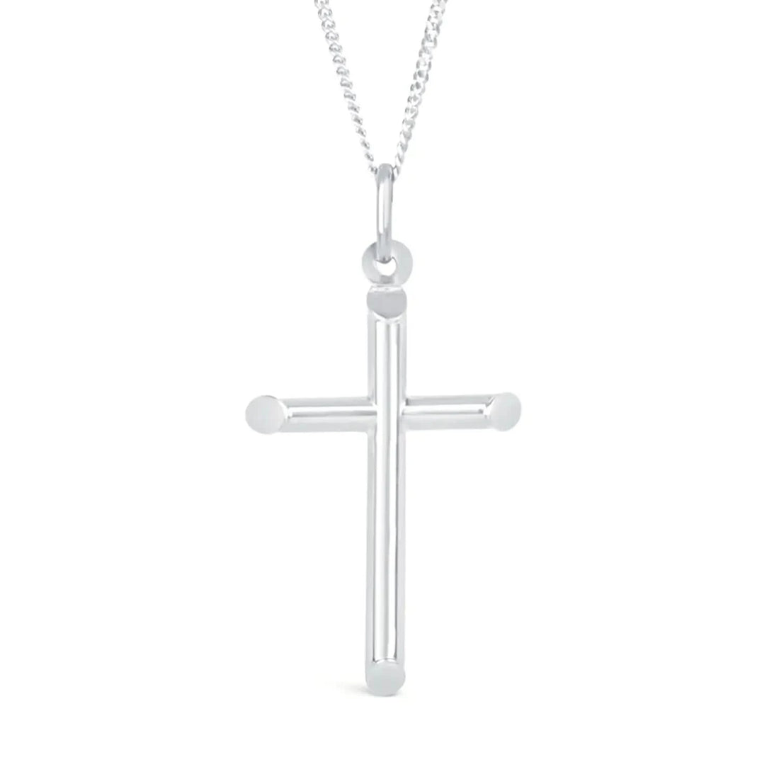 silver cross necklace, sturdy silver curb chain, high polish finish, rounded edges, unisex pendant for men and women, white background