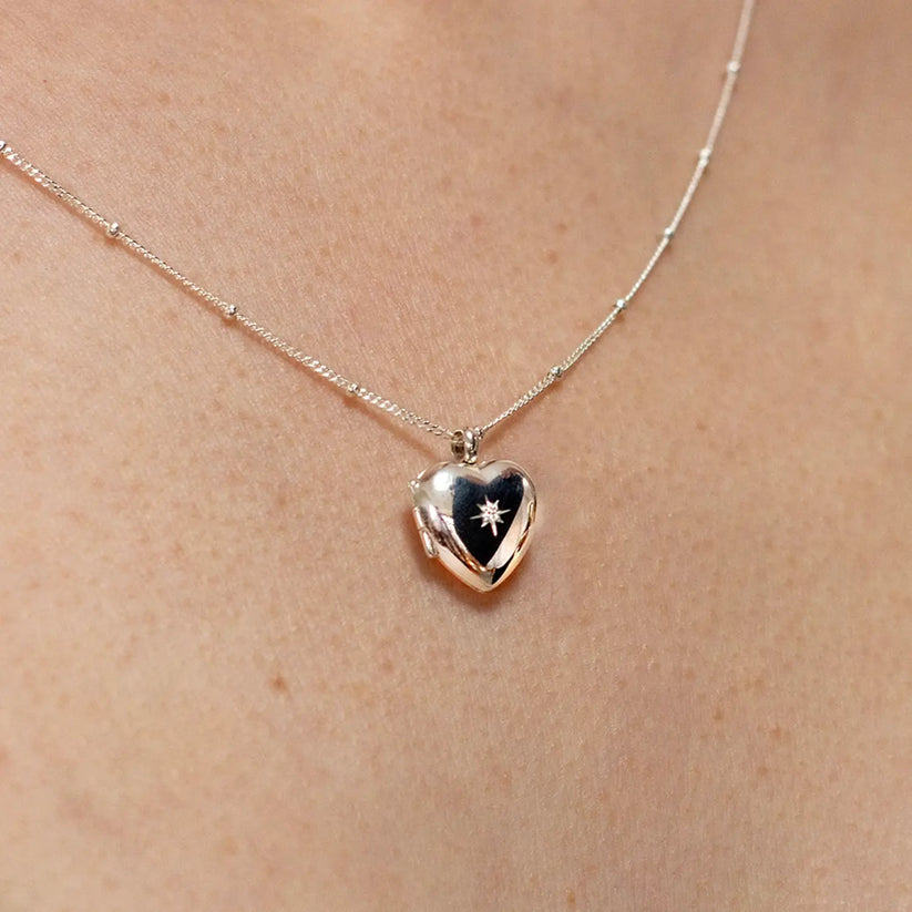 Silver Small Heart Diamond Locket + Photos | By Lily Blanche