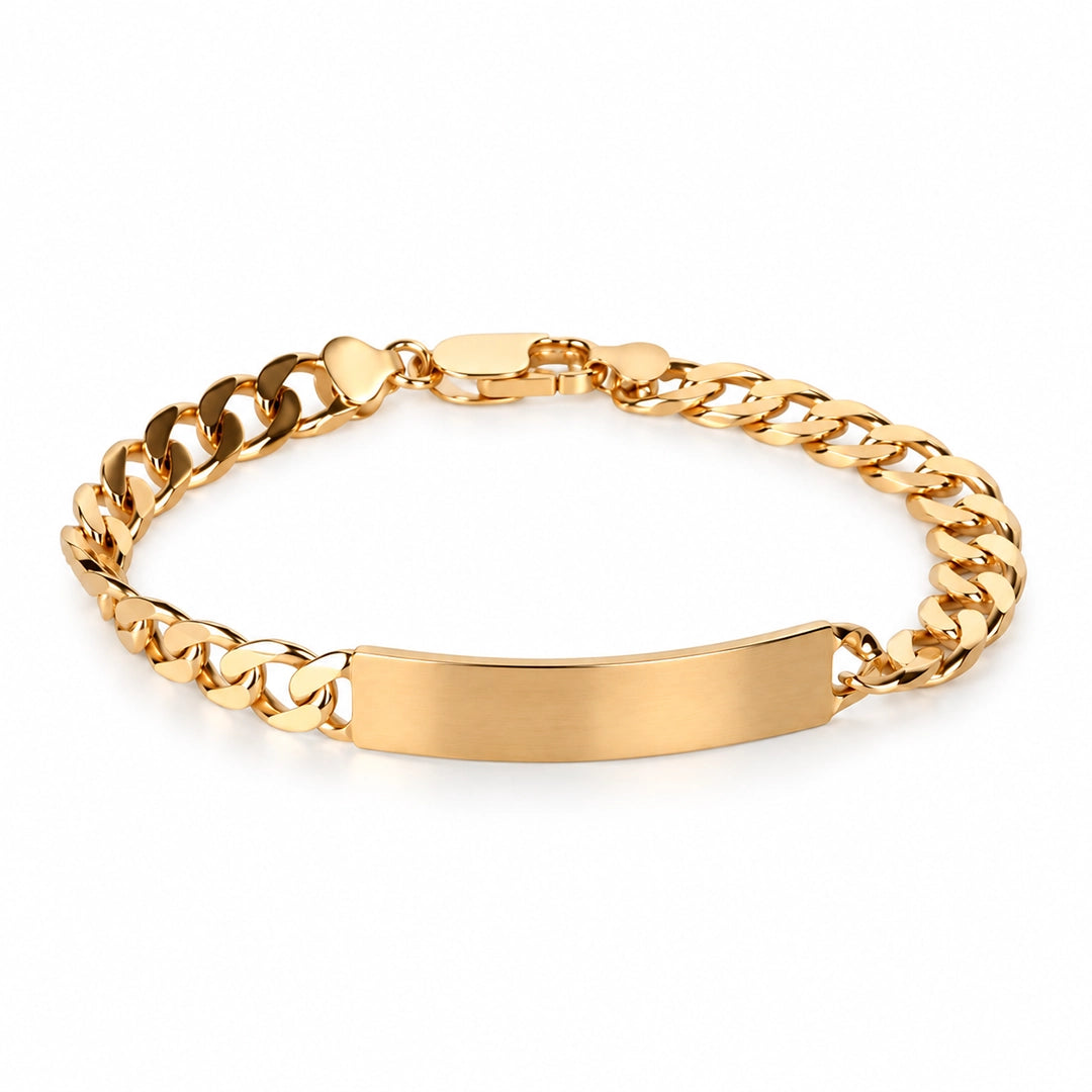 Handcrafted men’s solid 9ct gold ID bracelet with polished gold curb links, front product view
