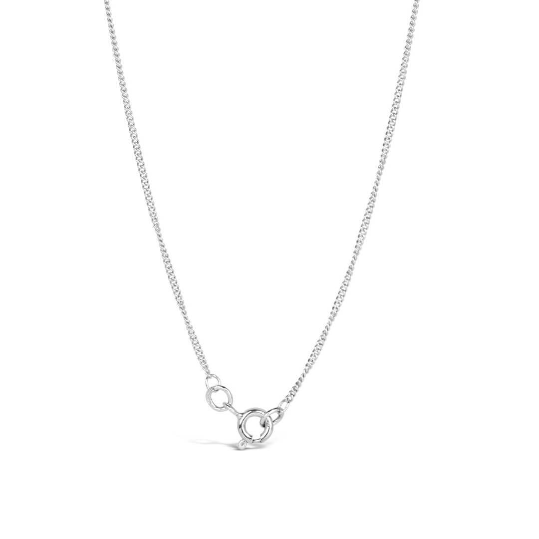 solid white gold curb chain on a white background, showing the circle clasp of the chain. 