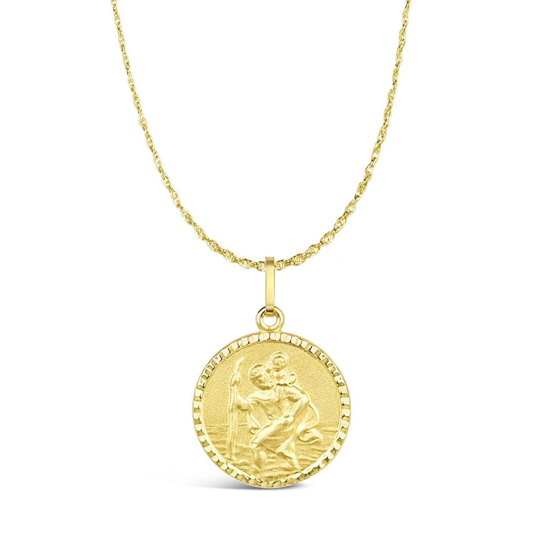 Close-up of gold St. Christopher necklace with rope chain – detailed medallion pendant on gold chain