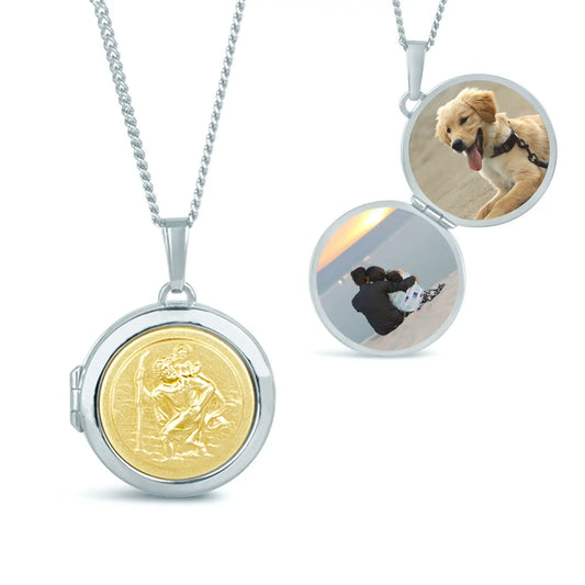 image of a silver and gold st Christopher locket from the front and of the inside of the locket showing photos inside the locket on a white background 