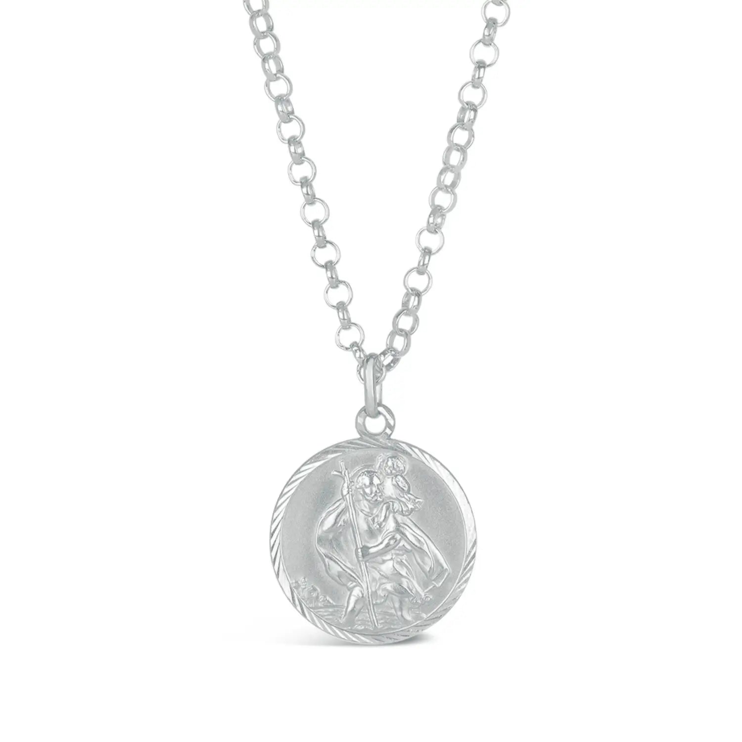 Silver st Christopher necklace with a round pendant on a white background