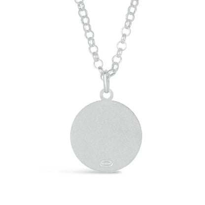 back view of a st Christopher Silver necklace with a round pendant on a white background