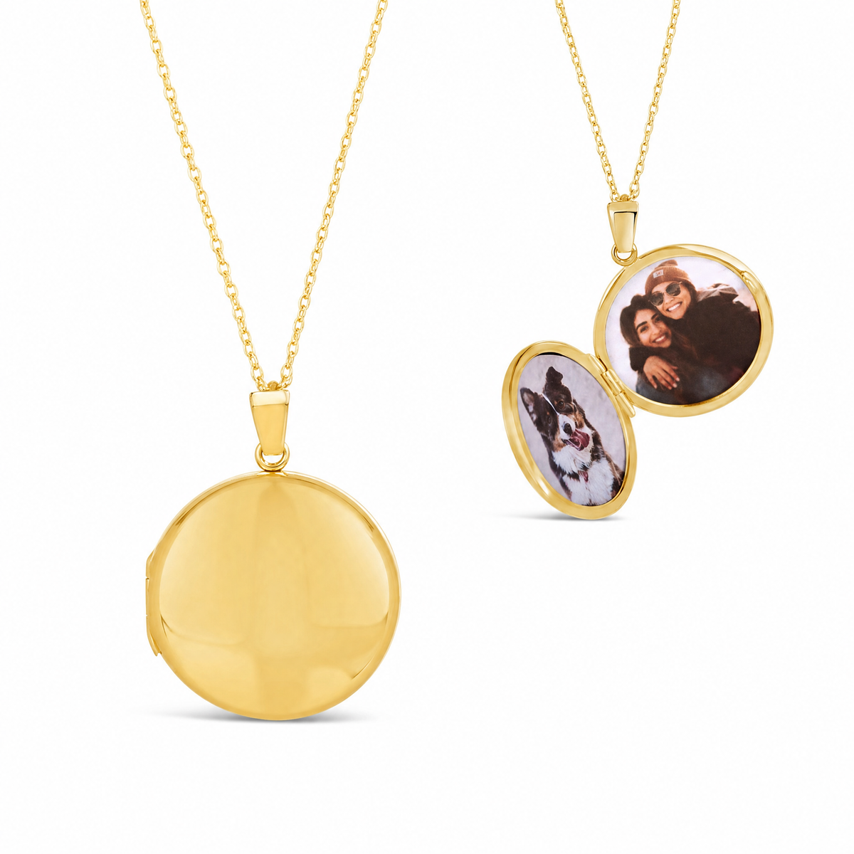 Solid 9ct gold round locket necklace shown closed and open with two personalised photos