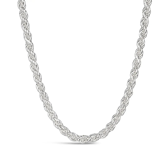 Men's sterling Silver Rope Chain necklace 5.5mm wide, on a white background 