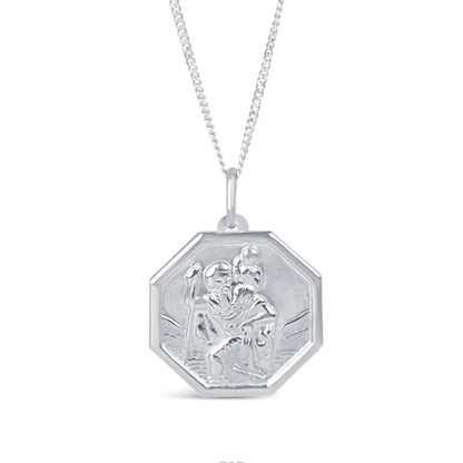 Men's Large St Christopher Necklace White Gold + Engraving