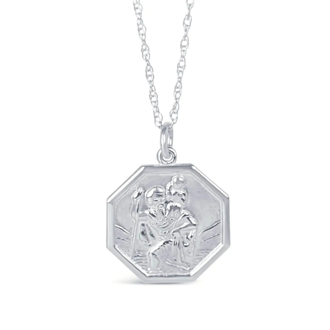 A solid white gold necklace featuring a St Christopher pendant with an engraved image of St Christopher carrying a child. The necklace is presented with a bevelled edge and a polished finish.